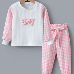 Kookie Kids Full Sleeves Winter Wear Checkered   T-Shirt & Pant Set with Bow Applique - Pink-image-26