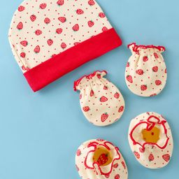 Ben Benny Cotton Knit Strawberry Print Cap Mittens & Booties Cream- Diameter 11 cm-image-31