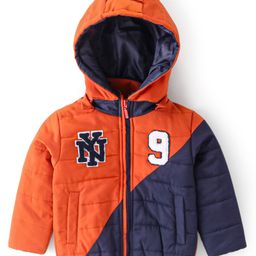 Babyhug Woven Full Sleeves Padded Quilted Jacket with Removable Hood & Colour Block Design - Blue & Orange-image-61