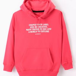 Doreme Terry Knit Full Sleeves Hooded Sweatshirt with Text Print & Kangaroo Pockets - Pink-image-47