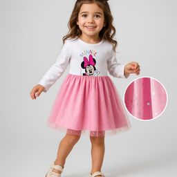 Babyhug Disney Single Jersey Knit Full Sleeves Frock with Minnie Graphics & Foil Mesh Detailing - Pink-picture-5
