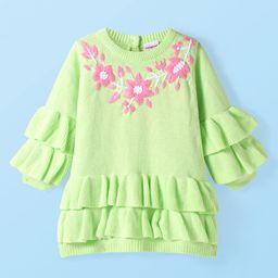 Babyhug Knitted Full Sleeves A Line Dress with Floral Embroidery & Frill Detailing - Light Green-image-96