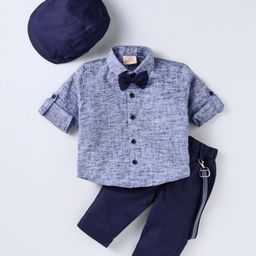 Rikidoos Full Sleeves Solid Shirt With Pant Cap Bow & Suspender Set - Light Blue & Navy-image-47