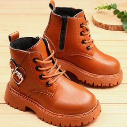 KIDLINGSS Buckle Applique Lace Up High Top Boots - Brown-image-30