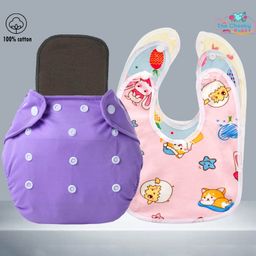 The Cheeky Kidzz Baby Essential Reusable Cotton Cloth Diaper With Bamboo Charcoal Insert With 3 Feeding Bib (PURPLE)-17