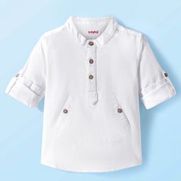 Babyhug Cotton Woven Full Sleeves Mandarin Collar Solid Shirt with Kangaroo Pocket - White-image-21