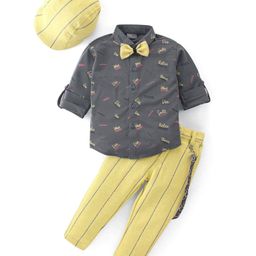 Dapper Dudes Full Sleeves Typography Printed Shirt With Striped Pant Bow Cap & Suspender - Yellow-picture-4