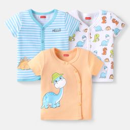 Babyhug 100%Cotton Knit Half Sleeves Front Open Vests with Stripes & Animal Print Pack of 3 - Sky Blue Peach & Sky Blue-image-101