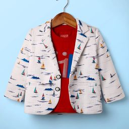 Babyhug Knit Full Sleeves Party Wear Blazer with Smile Text Print T-Shirt - Off white & Red-image-79