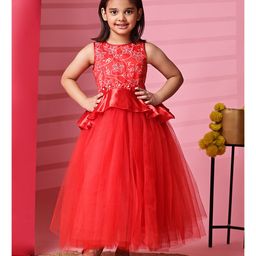 Toy Balloon Kids Net Sleeveless Floral Applique & Glitter Printed Flared Dress - Red-image-4