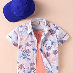 Rikidoos Half Sleeves Palm Trees Printed Shirt With Attached Tee & Cap - White & Peach-image-85