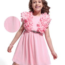 Hola Bonita Knit Frill Sleeves Pleated Fabric Solid Color Ruffle Dress - Pink-image-81