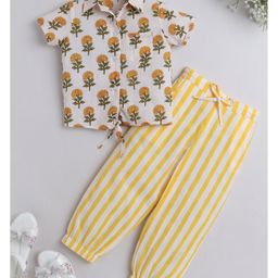 The Magic Wand Cotton Half Sleeves Floral Printed Shirt & Striped Pant - Yellow-24