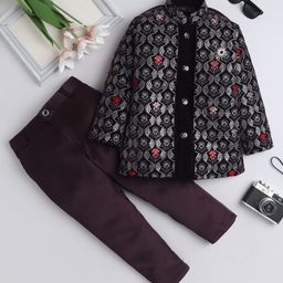 Fourfolds Velvet Full Sleeves Floral Embroidered & Sequins Embellished Sherwani & Trousers Set - Wine-image-43