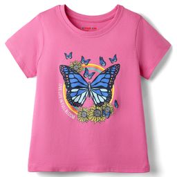 Kookie Kids Cotton Jersey Knit Half Sleeves T-Shirt with Butterfly Print - Pink-image-23
