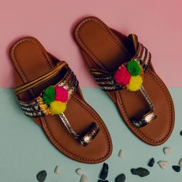 LIL PITAARA Pom Pom Embellished Kolhapuri Sandals - Tan-image-36