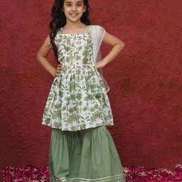 AJ Dezines Cotton Sleeveless Floral Printed & Gotta Lace Embellished Kurta Sharara With Dupatta Set - Green-image-2