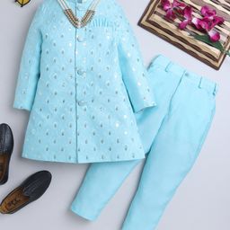 Ahhaaaa Silk Blend Full Sleeves Leaves Embroidered & Sequins Embellished Sherwani & Pant Set - Blue-image-82