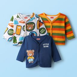 Babyhug 100% Cotton Knit Full Sleeves Antibacterial Front Open Jhablas With Stripes & Teddy Bear Print Pack of 3 - Navy Blue Orange & White-image-11