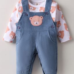 ToffyHouse Interlock Knit Full Sleeves Inner Tee & Dungaree Set with Teddy Patch & Print - White & Royal Blue-image-72
