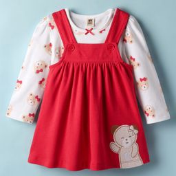 ToffyHouse Corduroy Woven Knit Frocks with Full Sleeves Inner Tee with Animal Print & Bow Applique - Red-picture-21