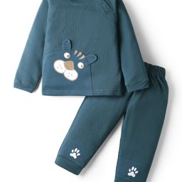 Mini Taurus Interlock Knit Full Raglan Sleeves Night Suit with Patch Detailing - Teal Blue-picture-10