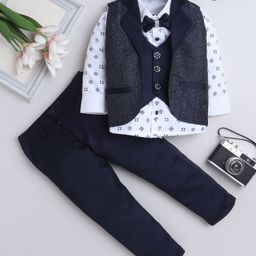 Fourfolds Cotton Blend Woven Full Sleeves Abstract Motifs Printed Shirt Trousers & Waistcoat With Attached Blazer & Bow - Navy Blue-image-90
