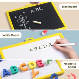 Play Nation 2-in-1 Multipurpose Double-Sided Magnet & Chalk Board | Educational Learning Board with Number Magnets, 26 Capital Letter Magnets, 3 Chalks, 1 Write & Wipe Pen and Duster for Drawing & Writing | Multicoloured | Early Education Toy image 2