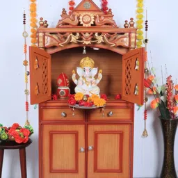 DZYN Furnitures Brown & Yellow Teak Wood Pooja Mandap With Door-13