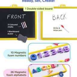 Play Nation 2-in-1 Multipurpose Double-Sided Magnet & Chalk Board | Educational Learning Board with Number Magnets, 26 Capital Letter Magnets, 3 Chalks, 1 Write & Wipe Pen and Duster for Drawing & Writing | Multicoloured | Early Education Toy image 3