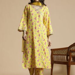 Anouk Floral Printed Angrakha Thread Work A-Line Kurta With Trousers & Dupatta-image-78