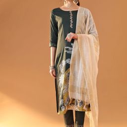 Tulsattva Floral Printed Round Neck Regular Pure Cotton Kurta With Trouser With Dupatta-image-22