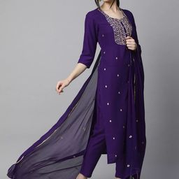 Anushansa Floral Embroidered Cotton Silk Straight Kurta With Trousers & Dupatta-picture-45
