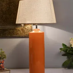 Homesake Orange Ceramic Base Table Lamp with Khadi Drum Shade (Bulb Included) - Set of 1-1
