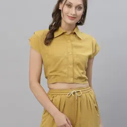 KASSUALLY Mustard Regular Fit Crop Shirt-image-10