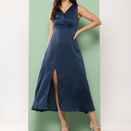 Killer Satin-Finish A-Line Midi Dress with Slit-12