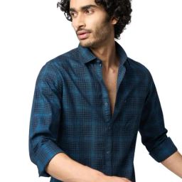 Turtle Navy Blue Cotton Slim Fit Chequered Shirt-image-10