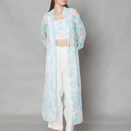 Zink London Blue Printed Crop Top With Shrug-picture-3