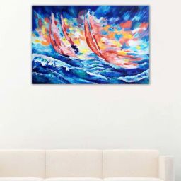 999store Blue & Pink Three Red Sails Against The Sky And The Sea Canvas Painting-11