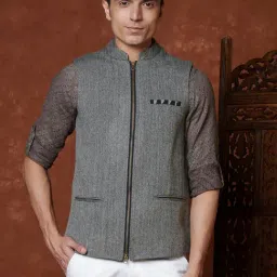 Fabindia Black Slim Fit Herringbone Nehru Jacket-image-0