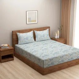 Swayam Ananda Floral Grey & Blue 200 TC Cotton King Bedsheet with 2 Pillow covers-image-96