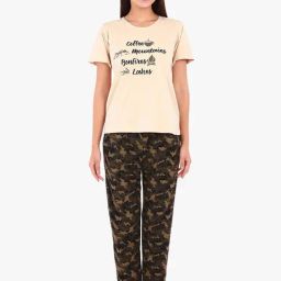 Clovia Beige Graphic Print Pajama Set-image-10