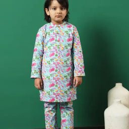 READIPRINT FASHIONS Kids Light Blue Floral Print Full Sleeves Kurta, Pyjamas with Jacket-image-32