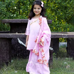Thread & Button Girls Floral Embroidered Regular Thread Work Pure Cotton Kurti with Sharara & With Dupatta image 2