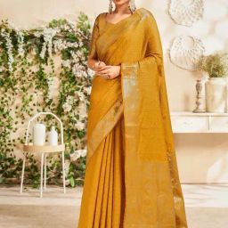 Satrani Turmeric Yellow Woven Saree With Unstitched Blouse-image-74
