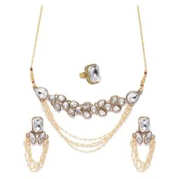 Zaveri Pearls Gold Tone Stones & Pearls Necklace Earring & Finger Ring Set-ZPFK9997-image-5
