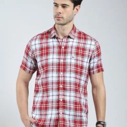 Monte Carlo Red Linen Regular Fit Checks Shirt-image-84