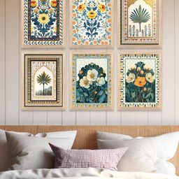 WALLLANE White & Blue 6 Pieces Floral and Botanical Wooden Wall Paintings-16