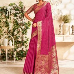 Satrani Rani Pink Woven Saree With Unstitched Blouse-image-17
