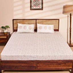 Fabindia Standalone Pink Cotton Printed 180 TC Double Bedsheet with 2 Pillow Covers-picture-16